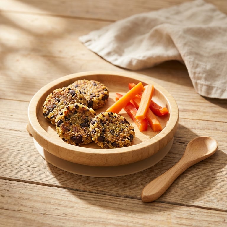 Quinoa és fekete babos kisgyermekeknek szánt fasírtok puha sárgarépa- és kaliforniai paprika csíkokkal