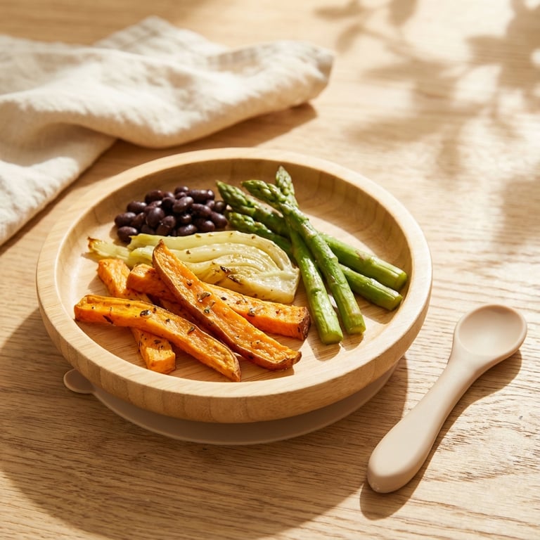 Roasted Sweet Potato & Fennel Fingers with Soft Asparagus and Black Beans