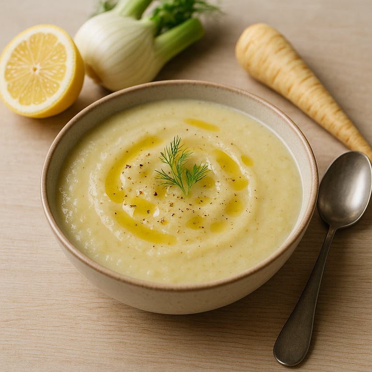 Fenchel-Pastinaken-Cremesuppe mit Olivenöl und Zitrone