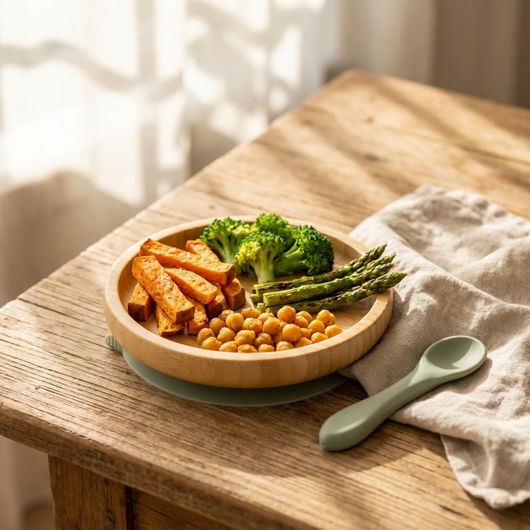 Sült édesburgonya, brokkoli és spárga ropogós csicseriborsóval (kisgyermekeknek szóló BLW)