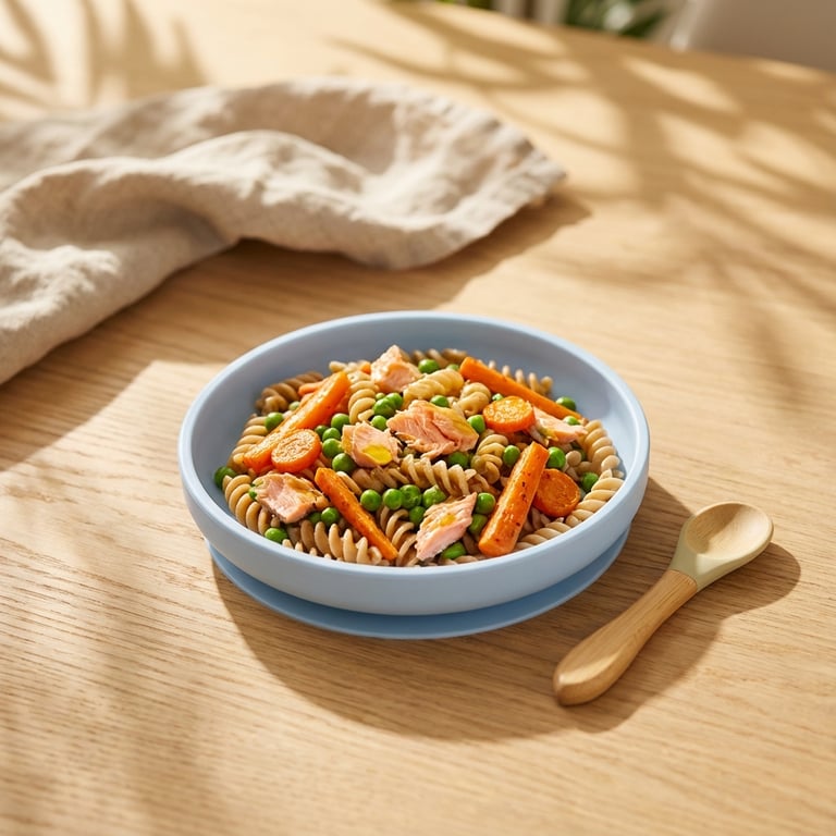 Pasta aus braunem Reis mit Lachs, Karotten und Erbsen (Baby-Led Weaning, ab 10 Monaten)