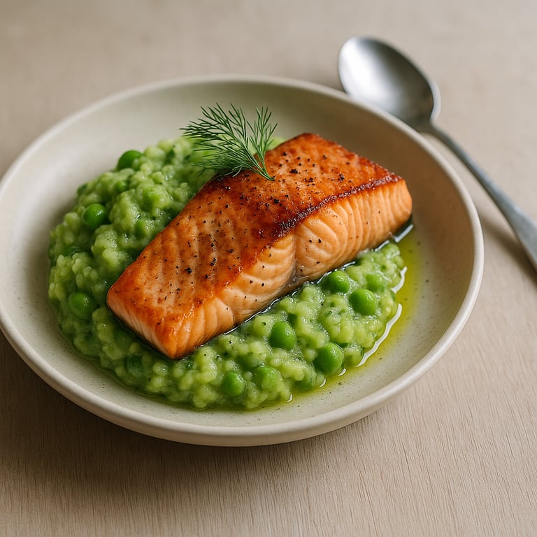 Lachs mit Kartoffel-Erbsen-Püree und Olivenöl