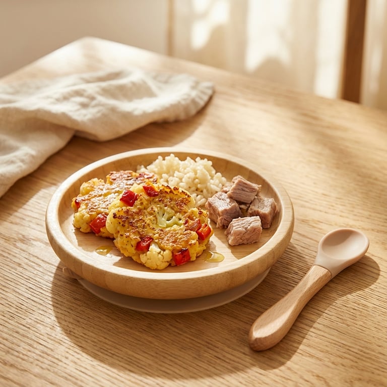 Blumenkohl-Paprika-Reispuffer mit Schweinefleisch (Baby-led weaning, 10+ Monate)