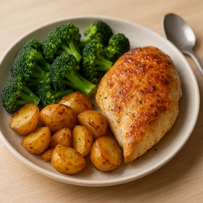 Gebratenes Hähnchen mit Brokkoli und gerösteten Kartoffeln