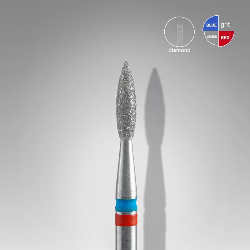 STALEKS EXPERT Diamond nail drill bit DUO pointed flame red-blue, head diameter 2,1 mm, working part 8 mm