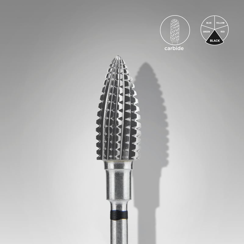 STALEKS EXPERT Carbide nail drill bit pine cone black hard, head diameter 6 mm, working part 14 mm