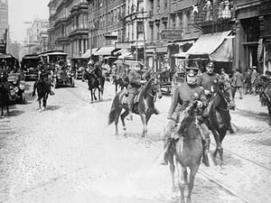 Chief of Police Copelan Mounted on Horseback Protects Trolleys in Cincinnati Strike - Art Print
