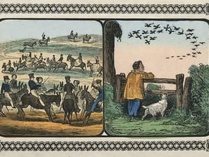 Boys stand by fence watching a flight of birds & Other children takes rides on mules by Charles Butler - Art Print