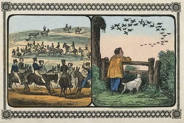 Boys stand by fence watching a flight of birds & Other children takes rides on mules by Charles Butler - Art Print