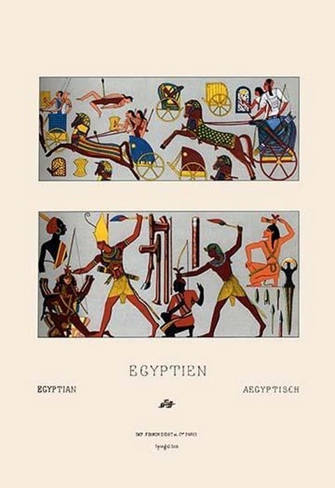 Egyptian Chariots and Weapons by Auguste Racinet - Art Print