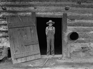 Farm boy in doorway of tobacco barn by Dorothea Lange - Art Print