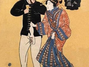 American Drinking with Japanese Courtesan - Art Print