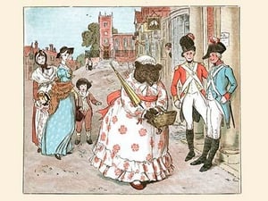 A She bear in Human clothes walks down the street passed soldiers by Randolph Caldecott - Art Print