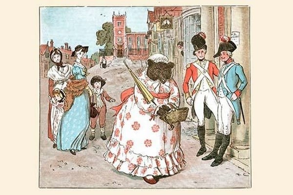 A She bear in Human clothes walks down the street passed soldiers by Randolph Caldecott - Art Print