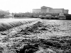 Waterfalls with Art Museum in Distance