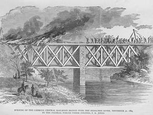 Burning the Georgia Central Railroad Bridge over Ogeechee River by Federal Forces under Colonel Jones by Frank Leslie - Art Print