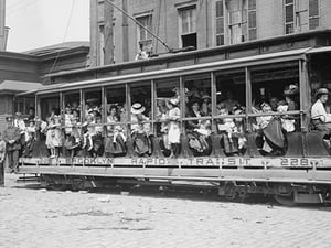 Open Air Trolley of Brooklyn Rapid Transit is passenger packed - Art Print