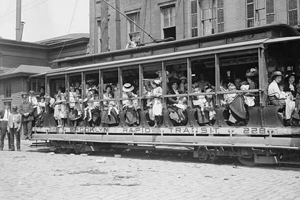 Open Air Trolley of Brooklyn Rapid Transit is passenger packed - Art Print