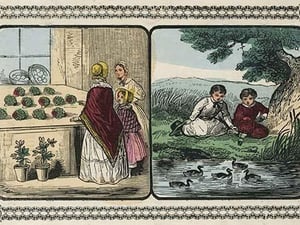 Women visit a shop that sells plants and boys by a pond count ducks. by Charles Butler - Art Print