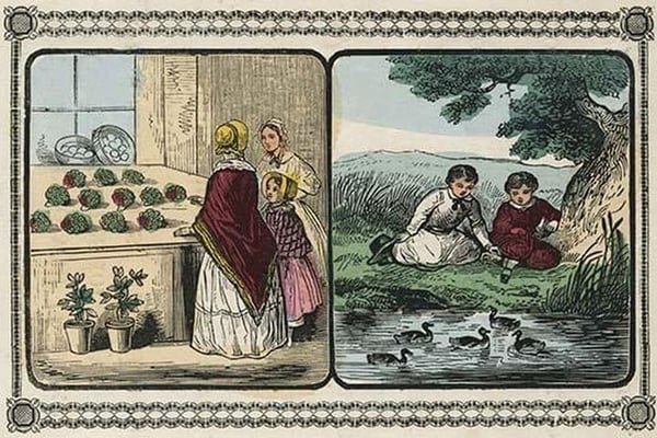 Women visit a shop that sells plants and boys by a pond count ducks. by Charles Butler - Art Print