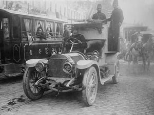 Armored Automobile juxtaposed with Trolley Car & Horse Team on a City Street in Turkey - Art Print