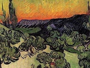 Landscape with Couple Walking and Crescent Moon by Vincent van Gogh - Art Print