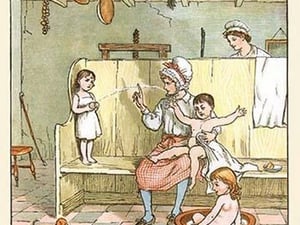 Maid washes the Babies in the laundry room by Randolph Caldecott - Art Print