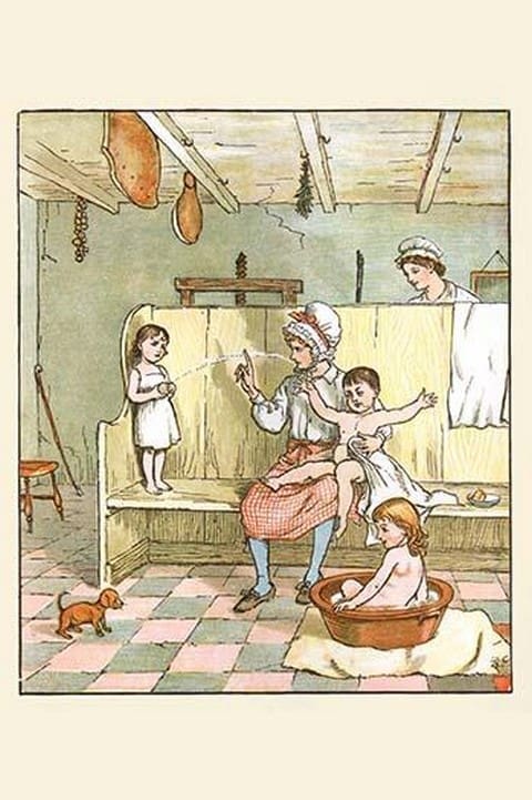 Maid washes the Babies in the laundry room by Randolph Caldecott - Art Print