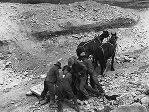 Loading boulder on stone boat by Dorothea Lange - Art Print