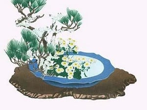 Oimatsu & Shiragiku (Pine and White Winter Chrysanthemum) in an Antique Mirror Shaped Vessel by Josiah Conder #2 - Art Print