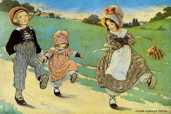 Three Children to London - One foot up One foot down by Jesse Willcox Smith - Art Print