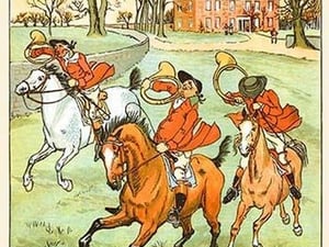 Three Jovial Horsemen tooting their Hunting Horns by Randolph Caldecott - Art Print