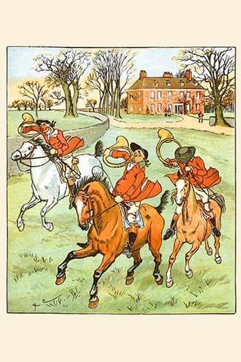 Three Jovial Horsemen tooting their Hunting Horns by Randolph Caldecott - Art Print