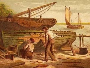 Boatbuilder carpenters caulk a boat by Kronheim & Dalziels - Art Print