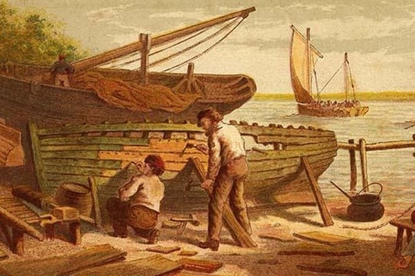 Boatbuilder carpenters caulk a boat by Kronheim & Dalziels - Art Print