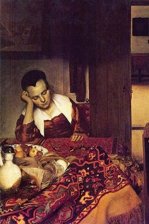 A Woman Asleep by Johannes Vermeer - Art Print