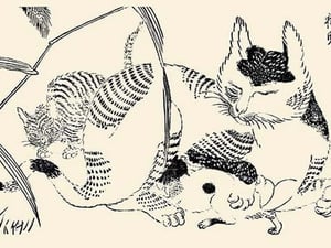 Domestic cat nursing kittens by Morikuni Tachibana - Art Print