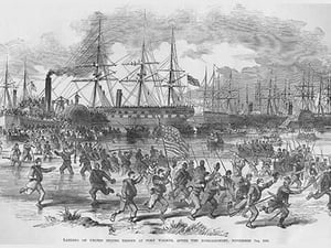 Union troops assault Confederate Fort Walker after Bombardment by Frank Leslie - Art Print