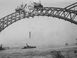 Completing the Hell Gate Railroad Bridge over the East River connecting Queens with Manhattan - Art Print