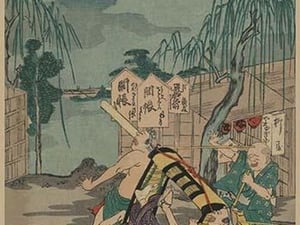 Porters drop a man being carried in a Sedan Chair by Utagawa Hirokage - Art Print