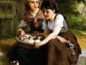 Deux Fillies Avec un Panier de Chatons by Emile Munier - Art Print