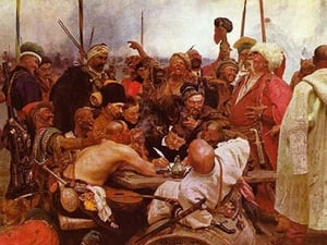 Zaraporoski Cossacks Send the Turkish Sultan Mahmoud IV a Letter by Ilya Repin #2 - Art Print