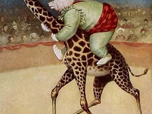 Bear Back Giraffe Racing by R.K. Culver - Art Print