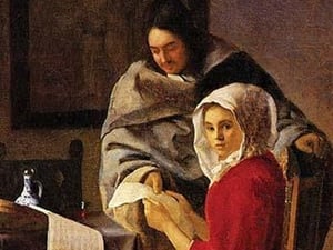Girl interrupted in her music by Johannes Vermeer - Art Print