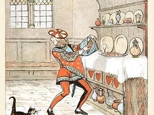 The Knave of Hearts he stole the tarts from the cupboard by Randolph Caldecott - Art Print