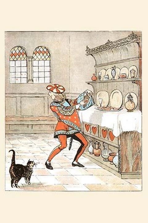 The Knave of Hearts he stole the tarts from the cupboard by Randolph Caldecott - Art Print