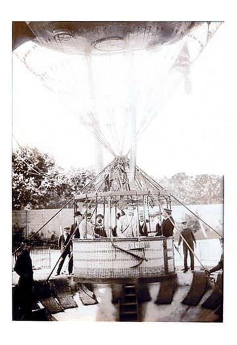 Balloon Expedition; Photographic representation of Men about to lift of in a basket turn of the century - Art Print