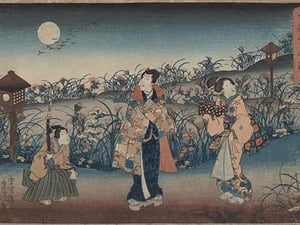 Moonlight Meeting of two Women and a man by Uragawa Toyokuni - Art Print