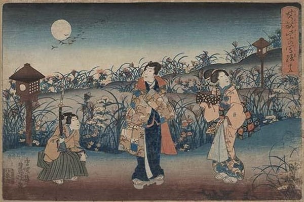 Moonlight Meeting of two Women and a man by Uragawa Toyokuni - Art Print