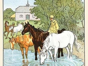 The Farmer's Boy waters his horses by Randolph Caldecott - Art Print